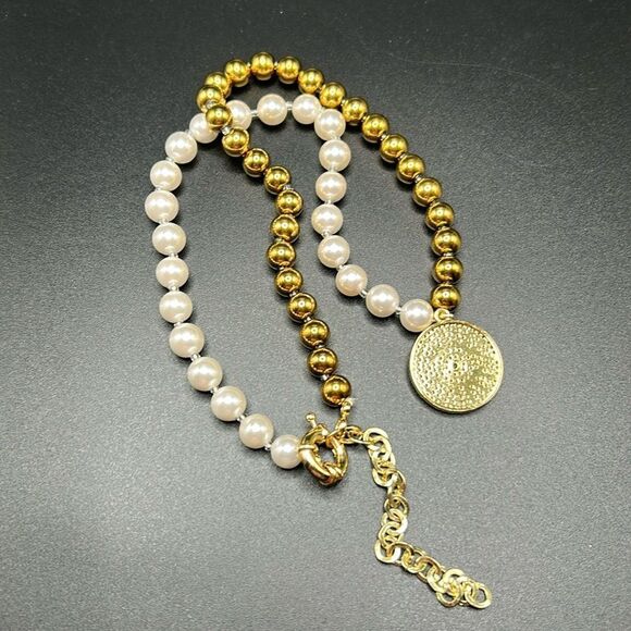 BOGO Free Jewelry..Eye Candy LA Gold Bead Faux Pearl Evil Eye Pendant Necklace - Picture 9 of 10
